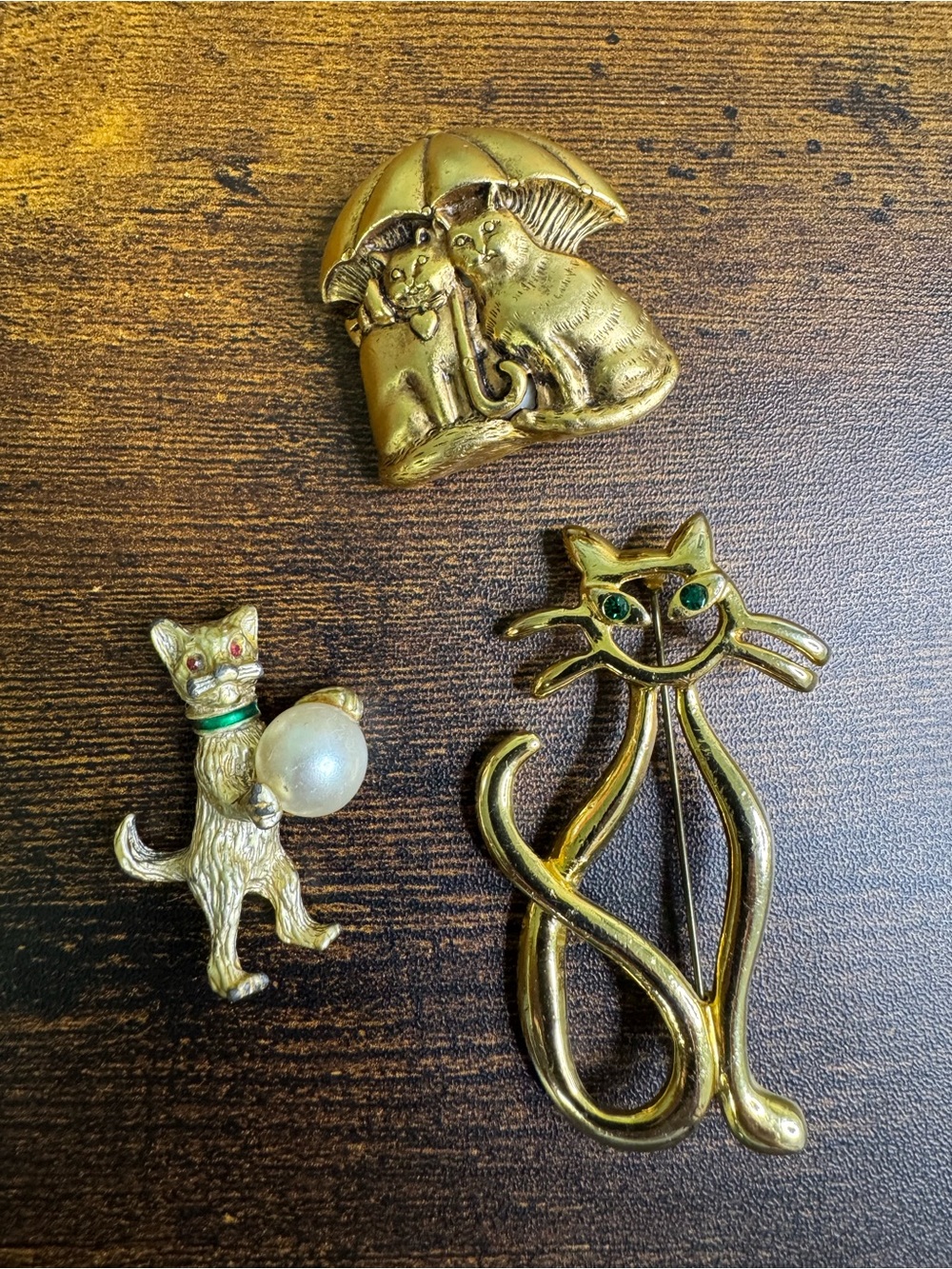 Vintage Gold Tone Cat Brooches with Green and Pearl Accents